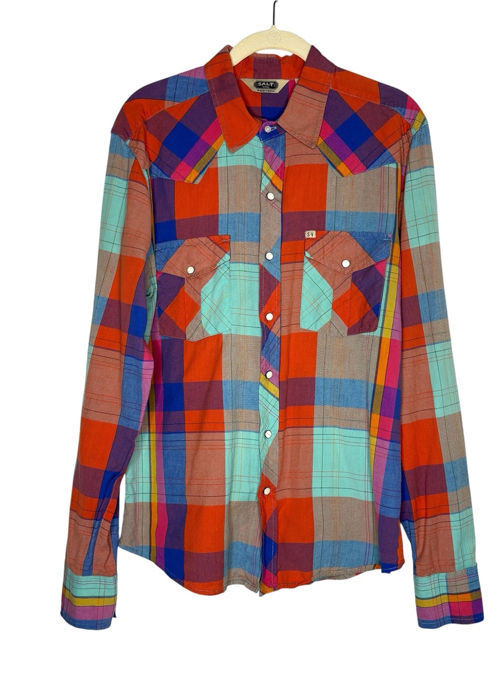 Salt Valley Western Pearl Snap Plaid Shirt Mens M Multicolor Rodeo Cowboy